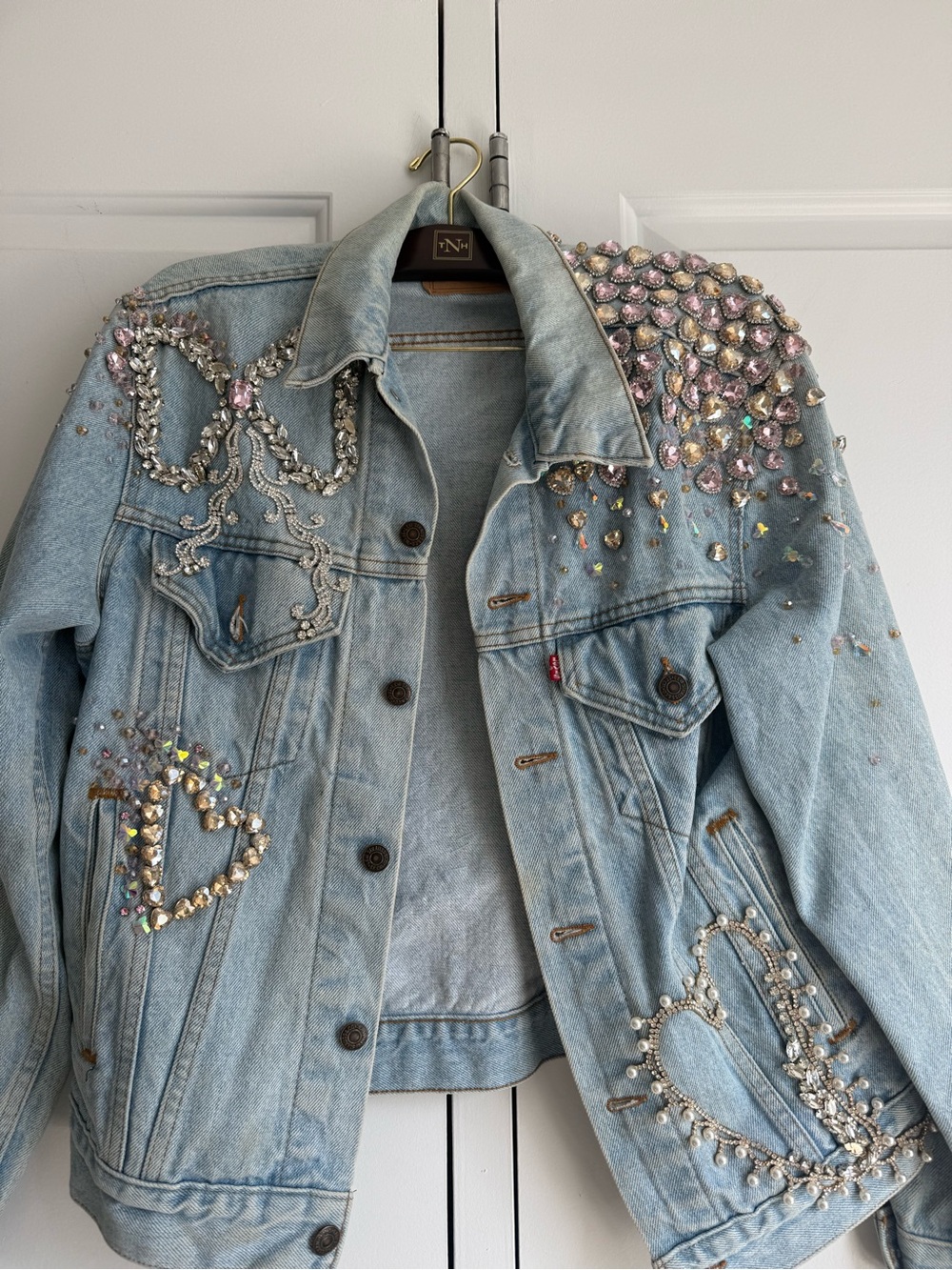 LoveShackFancy Bespoke Denim Jacket with Pink and Iridescent Embellishments